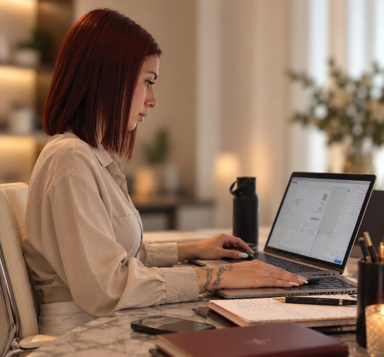 Kelsey working at her laptop in a warm professional setting