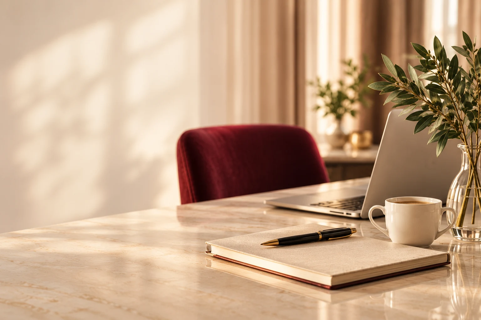 A warm office desk with a laptop, notebook, coffee and olive branches